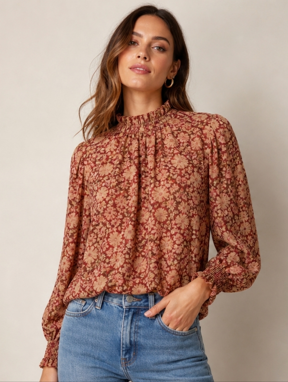 JOIE Women's Top Ruffle Smocked Sheer Blouson Sleeve Large  Romantic Festival